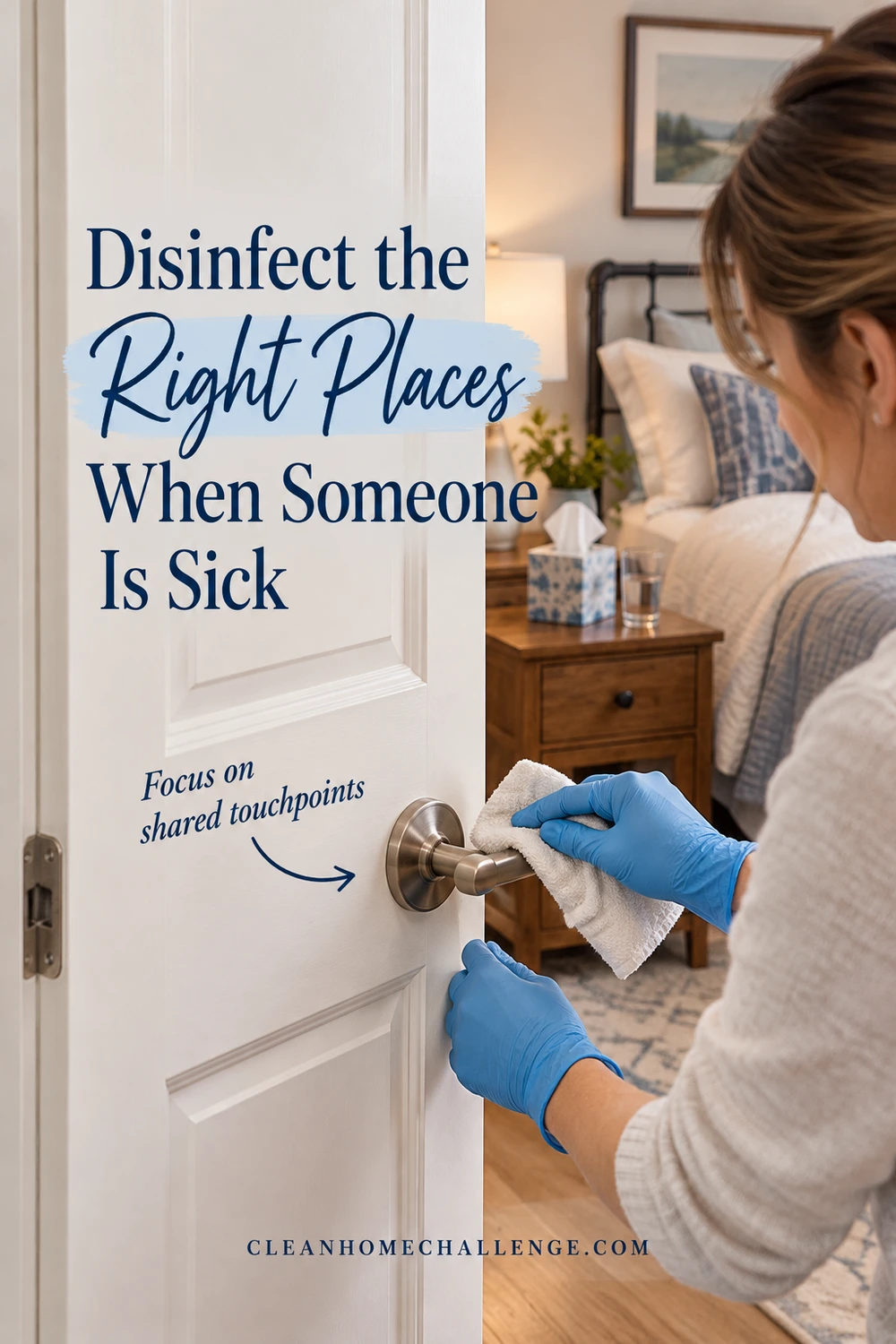 An adult in blue gloves wipes a bedroom door handle with a white cloth; tissues and a glass of water sit on a bedside table behind the door.