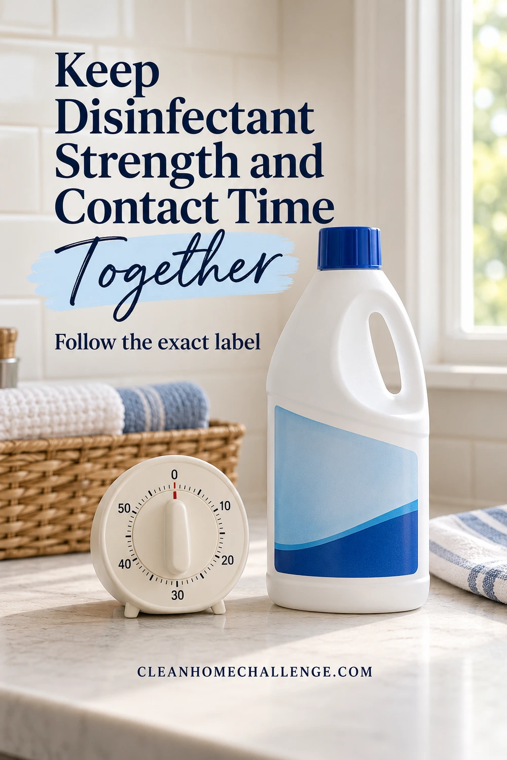 Closed white cleaning jug with a blue cap beside an analog timer and folded cloths.