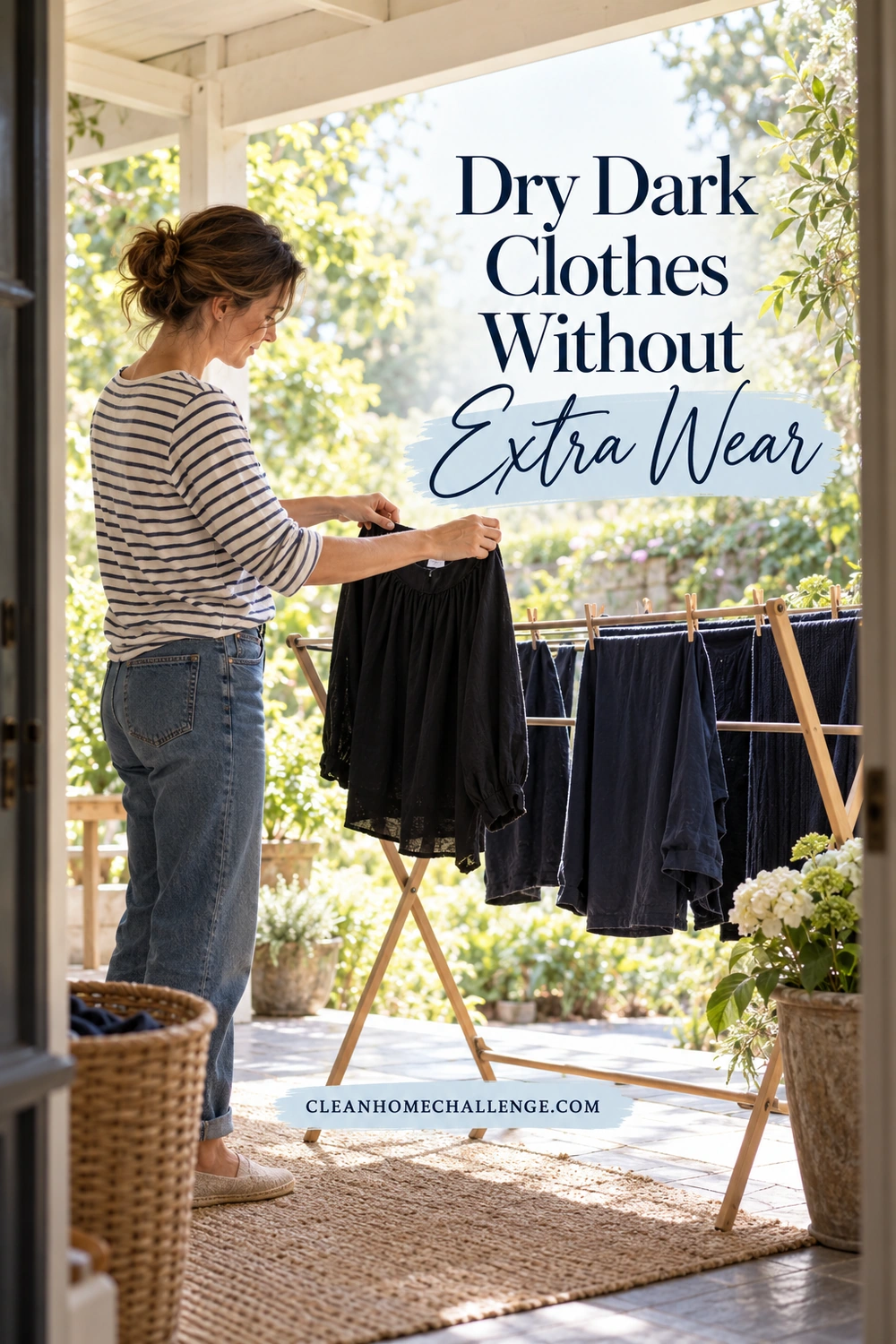 A woman in a striped shirt hangs a black blouse on a drying rack beside dark clothes on a sheltered porch.