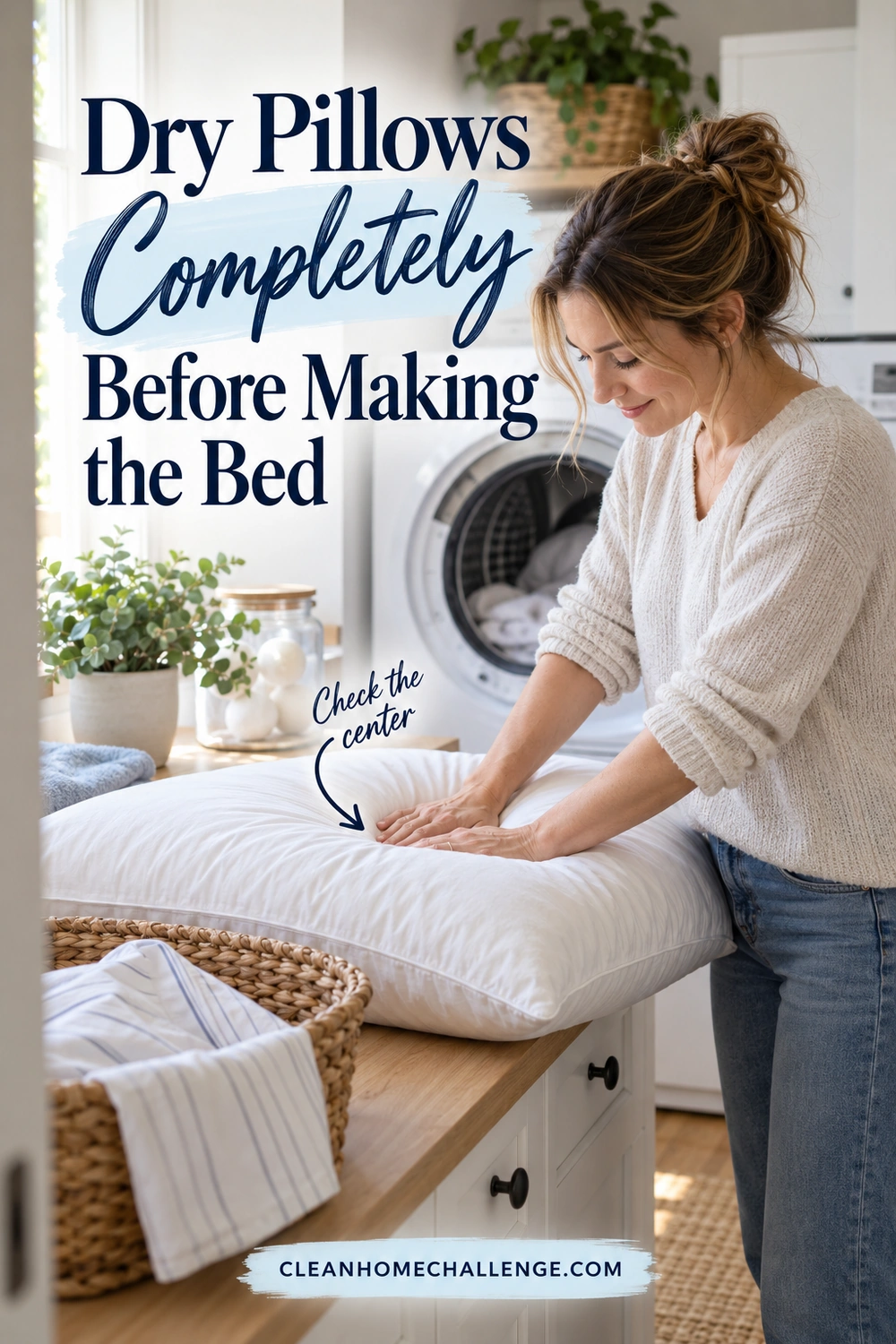 A woman presses the center of a thick white pillow on a laundry counter beside a basket of striped bedding.