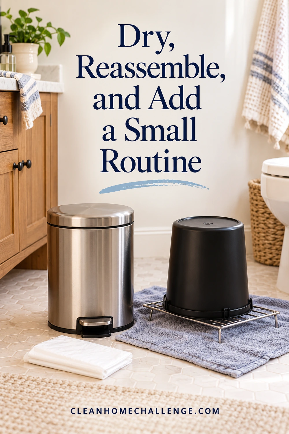 A dry black bucket rests upside down on a low rack beside a stainless pedal can and folded fresh liners.