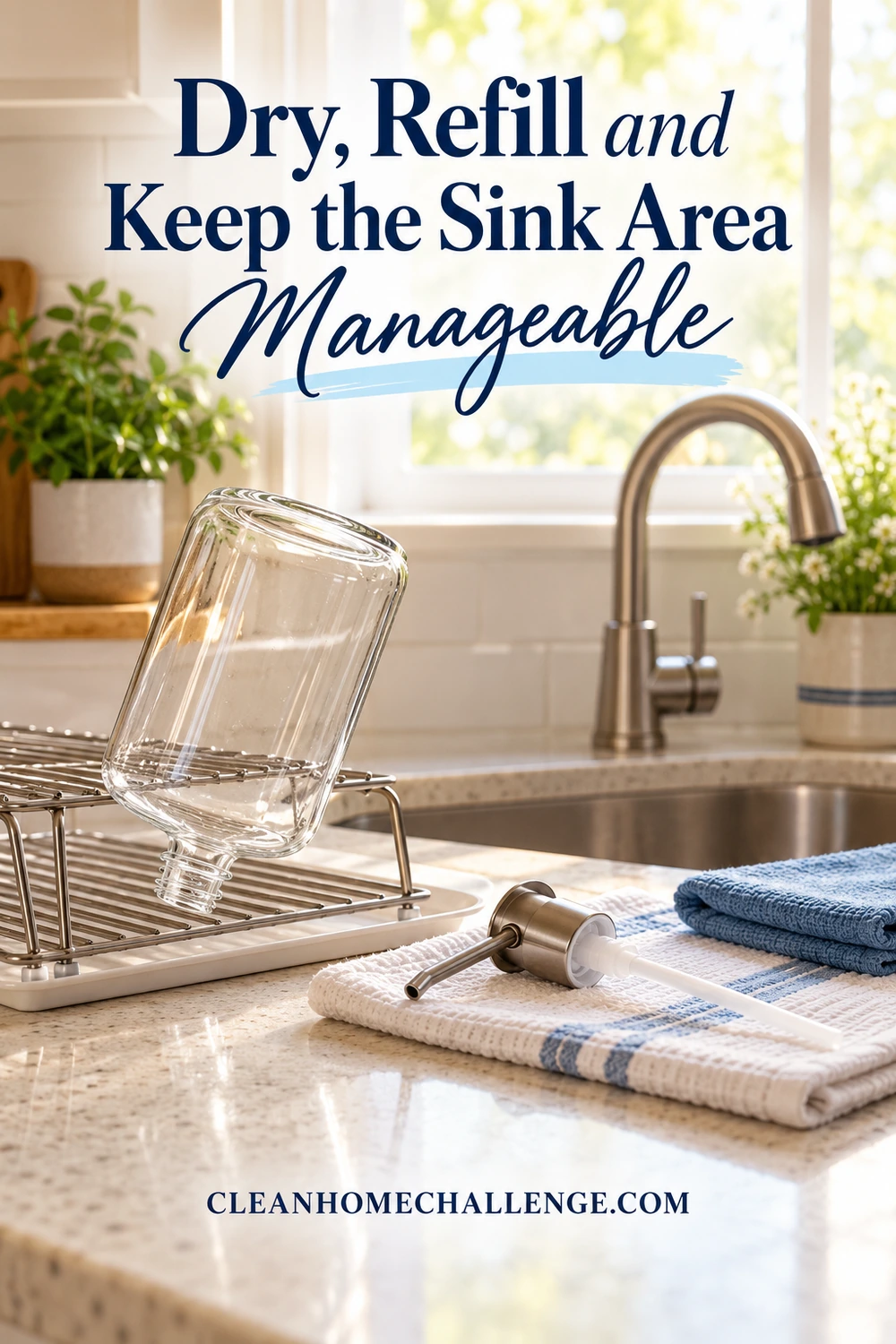 An empty glass dispenser and detached manual pump drain on a clean towel beside a tidy kitchen sink and folded blue cloth.