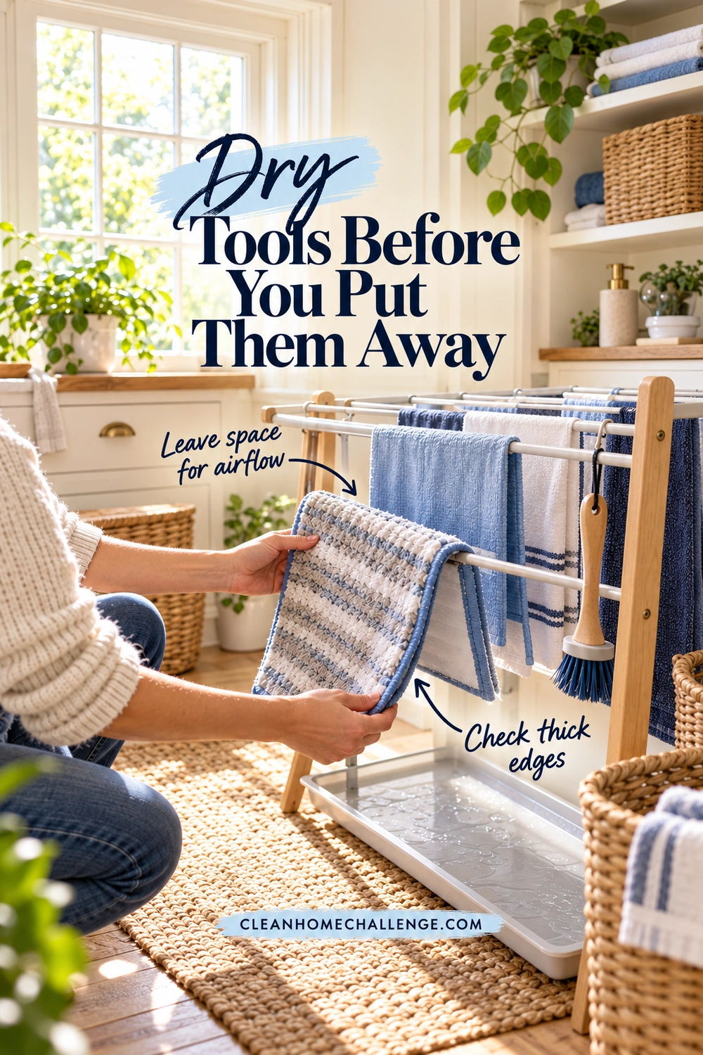 Hands open the thick edge of a mop pad on a drying rack beside spaced cloths and a hanging brush, above a drip tray.