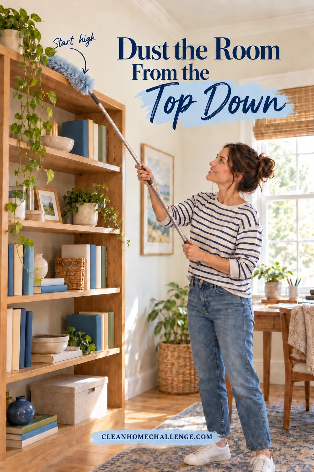 A woman standing on the floor uses a long-handled duster on the top edge of a wooden office bookcase filled with plain books, plants, and a document box.