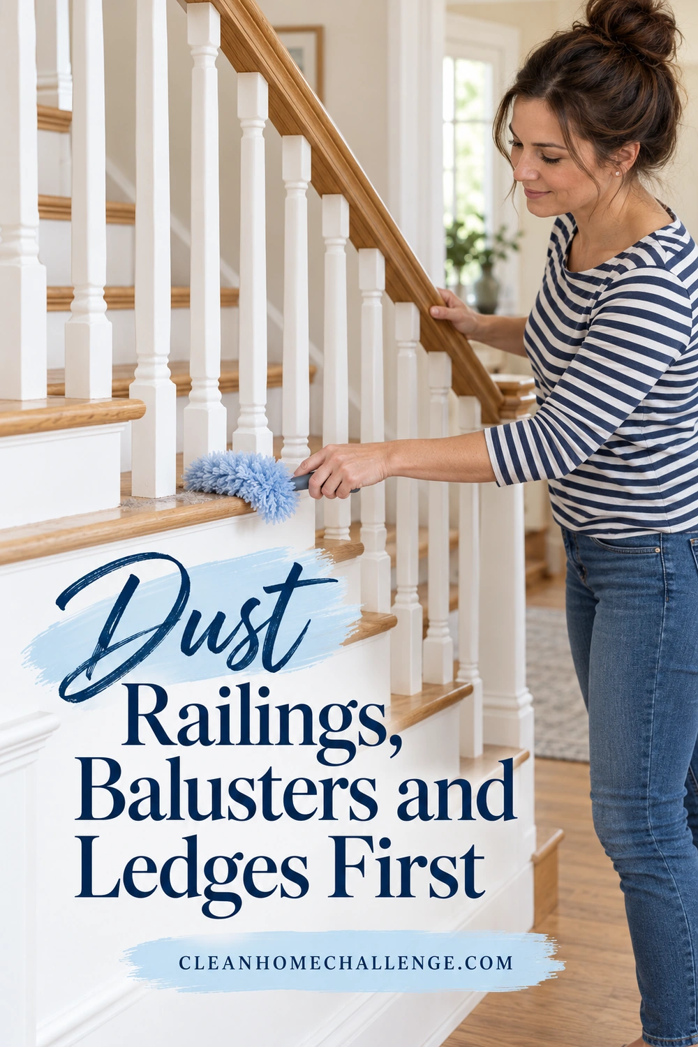 A woman uses a short blue duster on an oak ledge around white stair balusters while holding the wooden handrail.