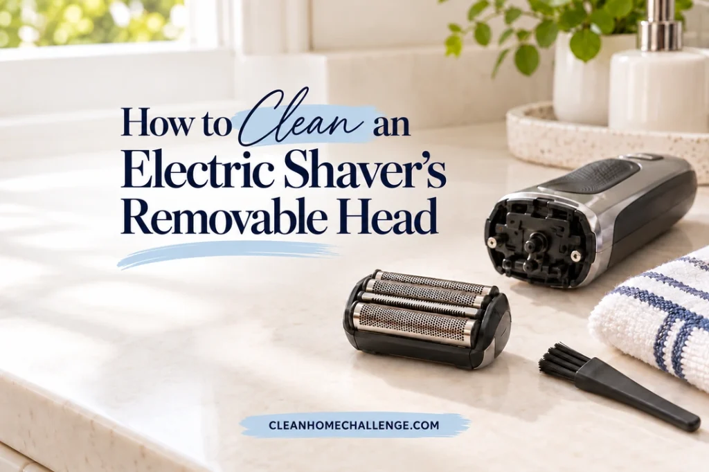 A foil shaver body, detached cassette, cleaning brush, and striped towel on a dry bathroom counter.