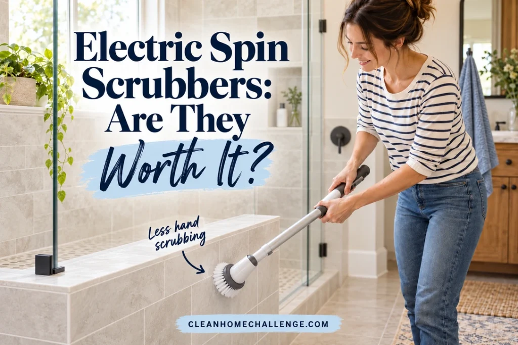 A striped-shirt woman guides a cordless round-brush scrubber against a tiled shower ledge beside the title Electric Spin Scrubbers: Are They Worth It?