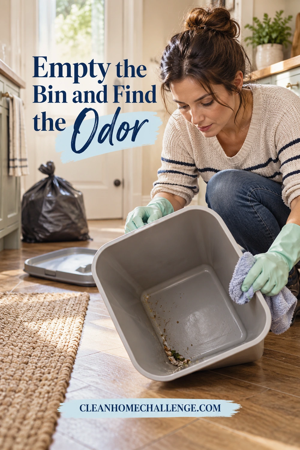 Woman tilts an empty gray bin bucket to inspect residue at its base, with a tied trash bag behind her.