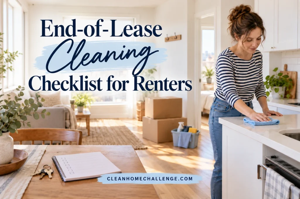 A woman wipes an empty kitchen counter with a blue cloth while moving boxes, a cleaning caddy, house keys, and a checklist sit nearby.