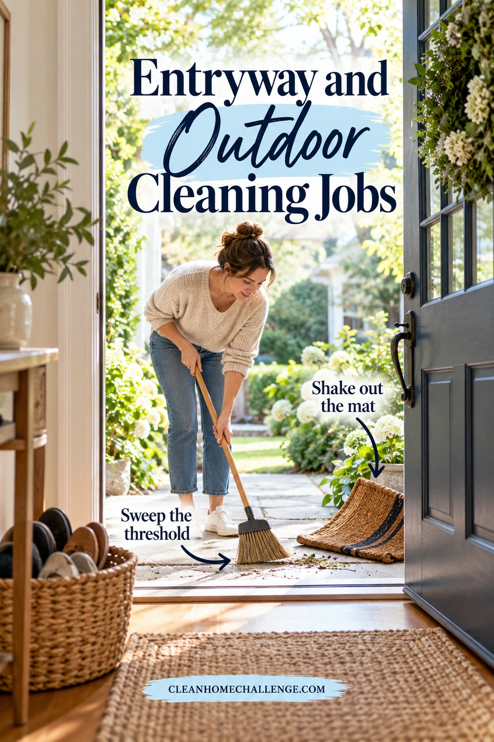 A woman sweeps a front-door threshold with an entry mat set aside on the path.