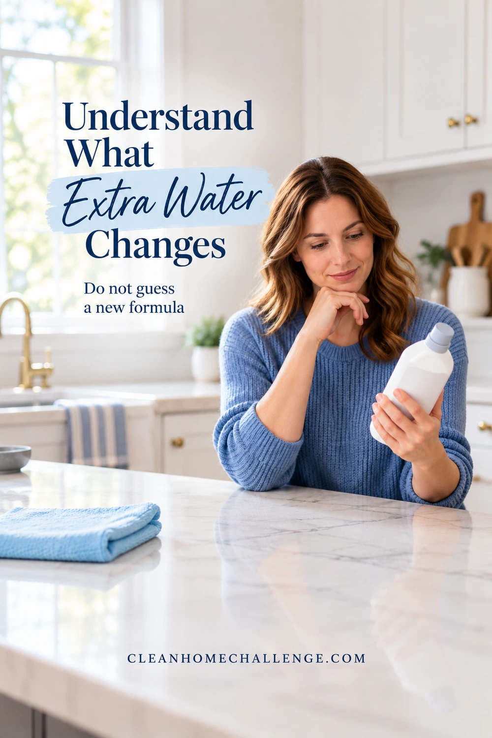 Woman in a blue sweater considering a closed white cleaning bottle at a dry kitchen counter.