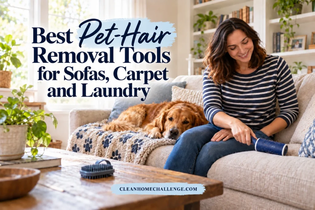 Woman using a blue hair roller on an oatmeal sofa beside a resting golden dog, with a rubber brush on the coffee table and the pet-hair tools article title.