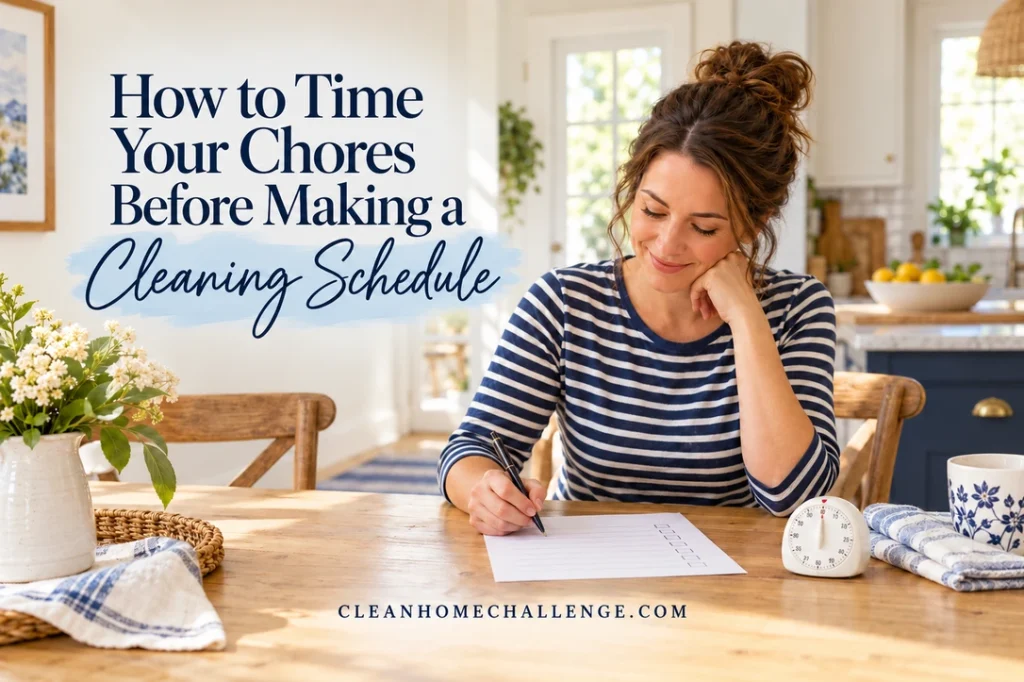 Woman writing in a chore log at a wooden kitchen table beside a timer and folded cloths.