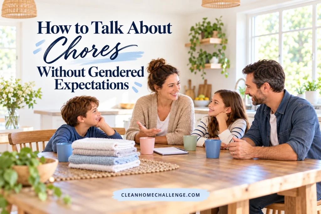 Two adults and two children discuss household tasks at a kitchen table with towels and cups.