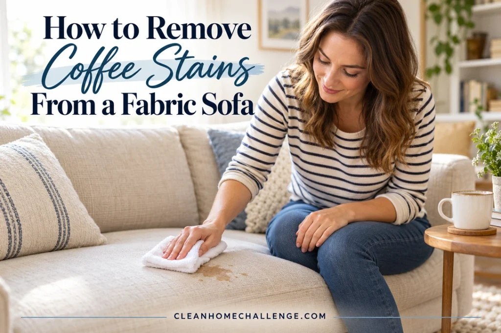 A striped-shirt woman blots a small coffee spill on an oatmeal sofa with a folded white cloth.