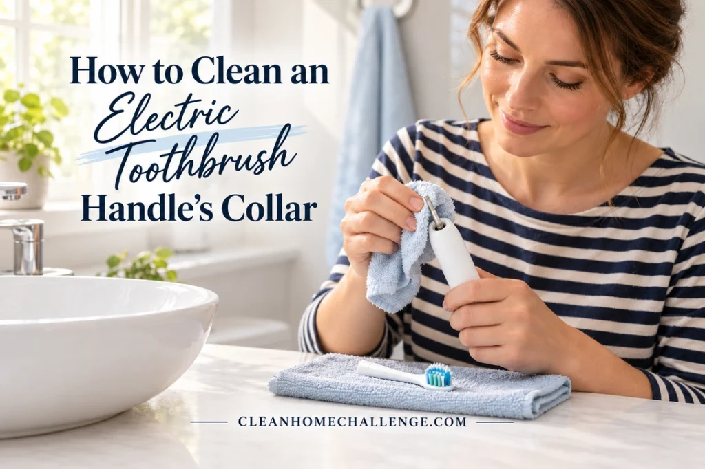 A woman wipes the collar of a white electric toothbrush handle with a pale-blue cloth while its detached brush head rests on a towel beside a bathroom sink.