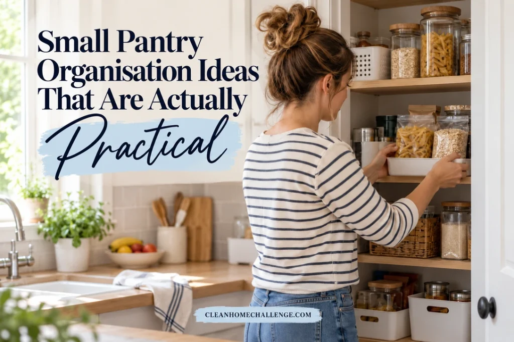 A woman slides a shallow tray of oats and pasta into a small food cupboard in a family kitchen.