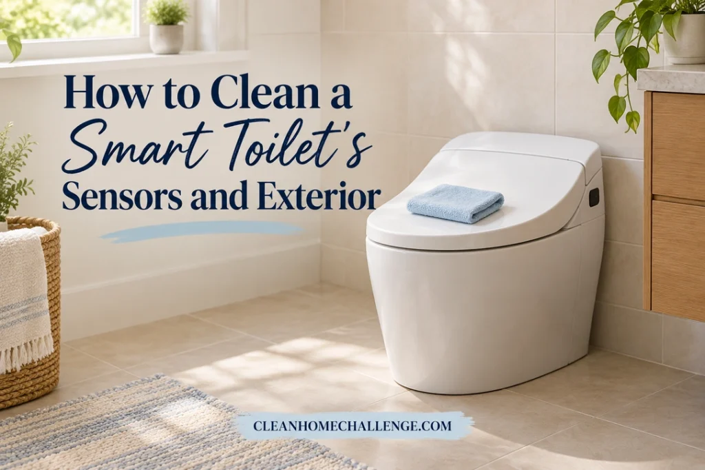 A folded blue cloth rests on the closed lid of a white smart toilet in a sunlit bathroom.