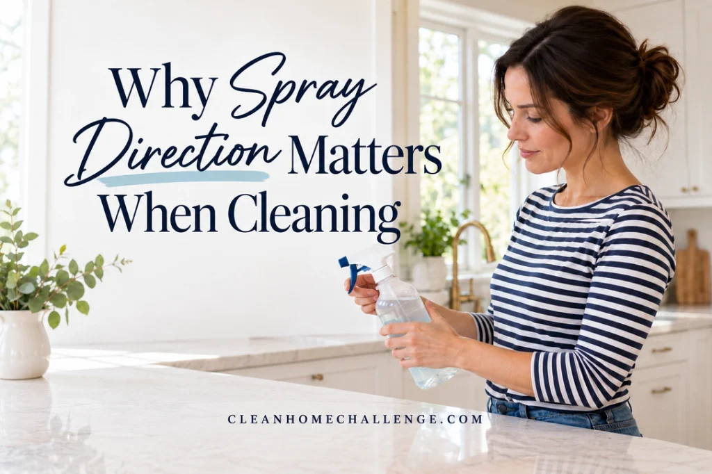 Woman in a striped shirt checking the direction of a closed spray bottle over a cleared kitchen counter.