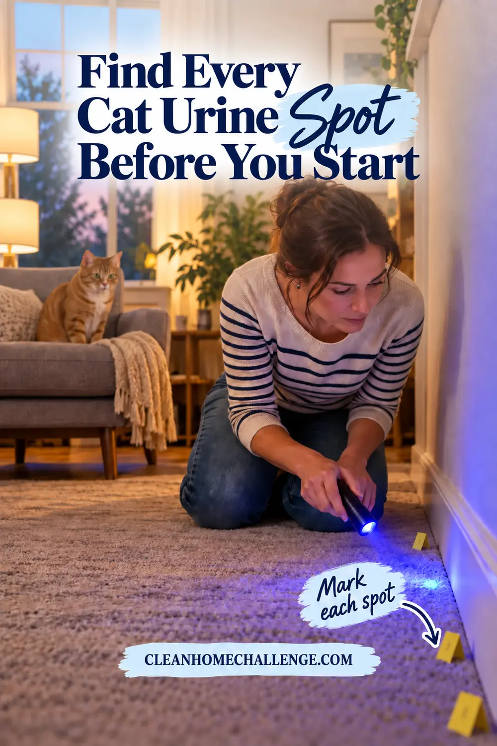 Woman using a UV flashlight to find hidden cat urine near a carpet edge and baseboard