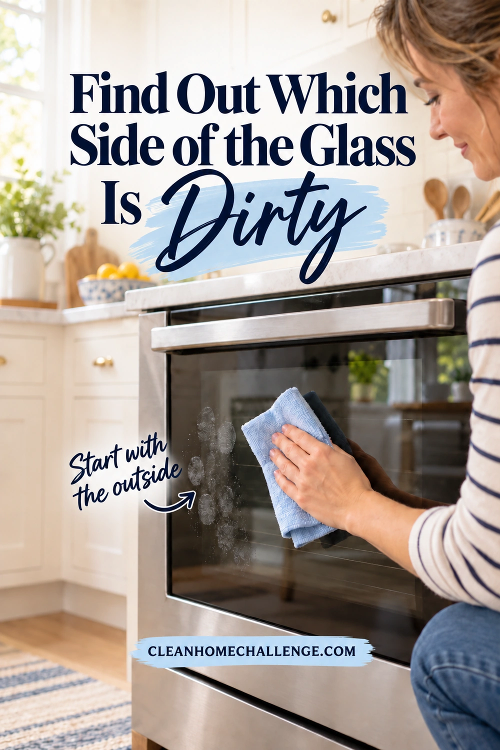 A woman wipes fingerprints from the outside of a closed oven door with a blue microfiber cloth.