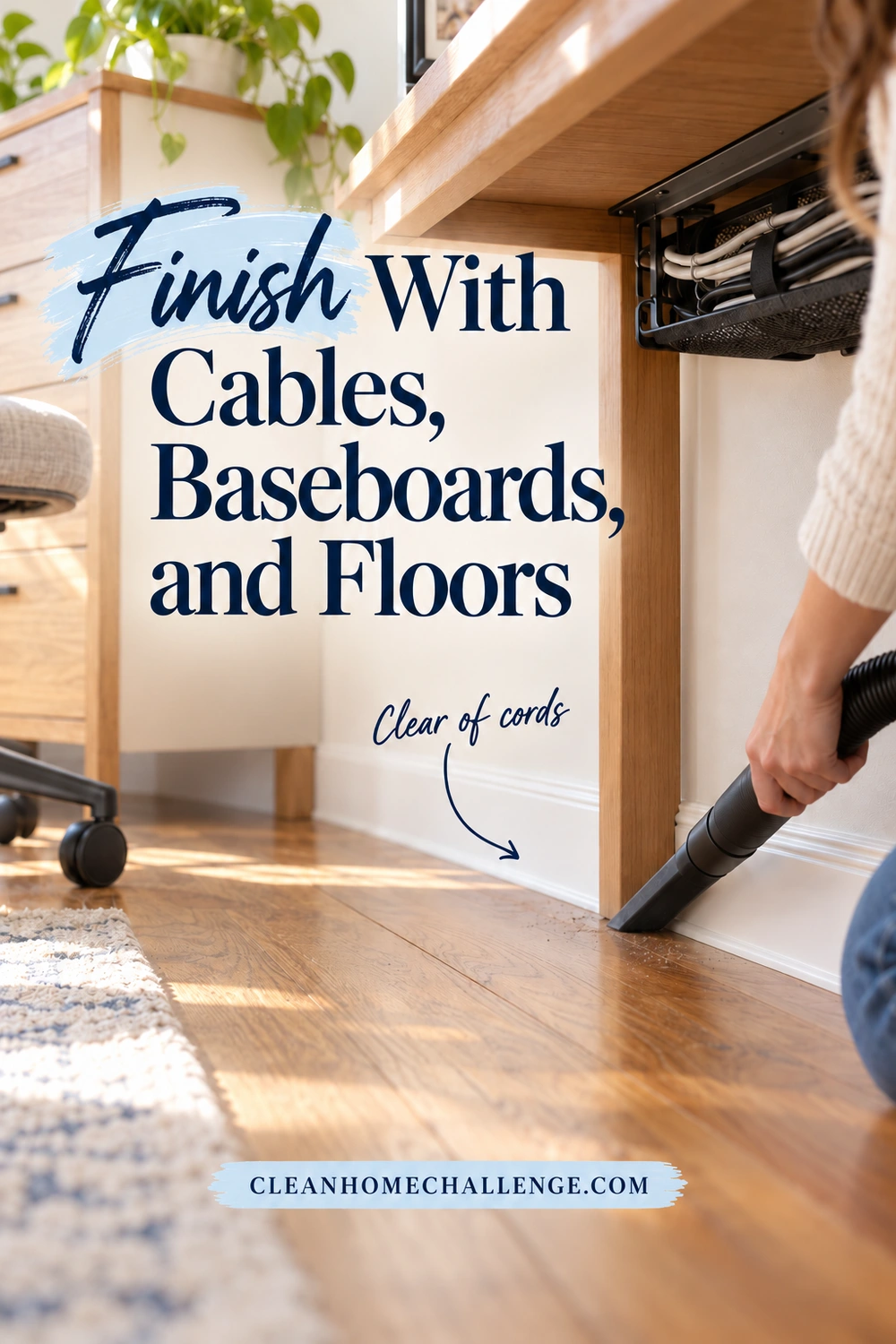 A hand uses a vacuum crevice tool along the floor beside a baseboard under a wooden desk, while a cable tray holds cords off the floor above.