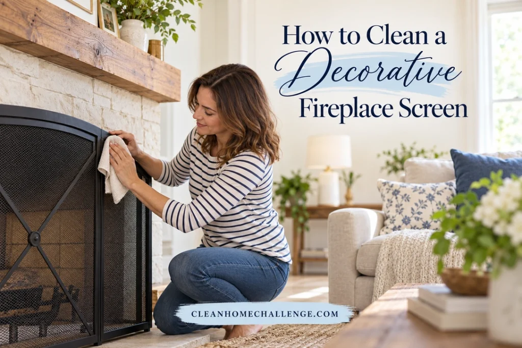 Woman dry-dusting screen frame in cold hearth; wide room view