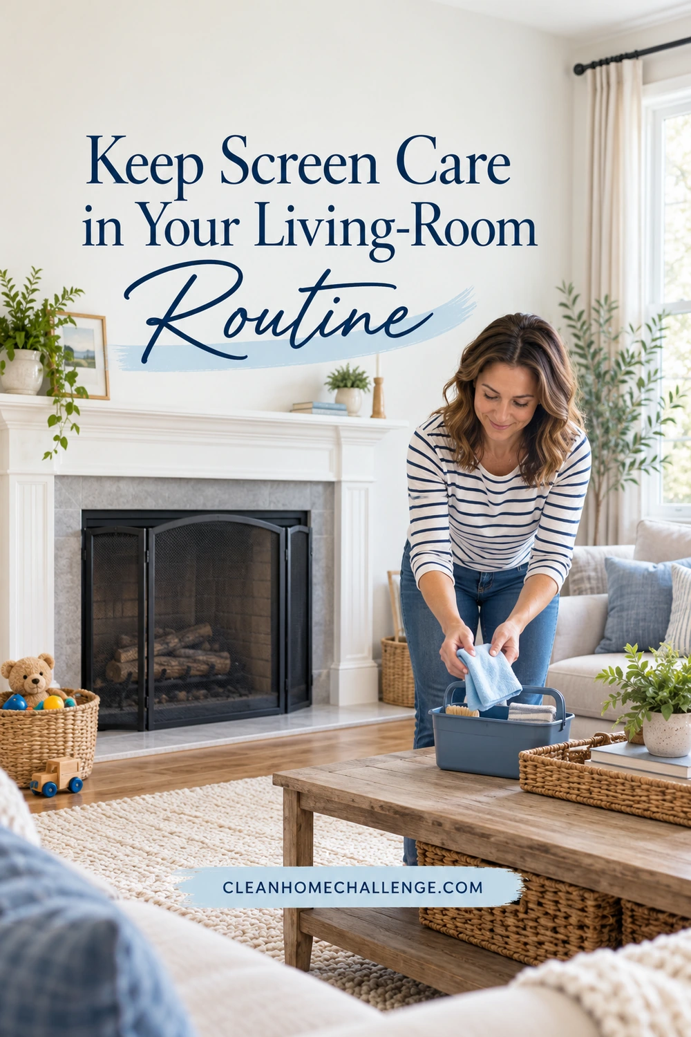 Woman packing dry cloth into blue caddy beside cold hearth and toy basket