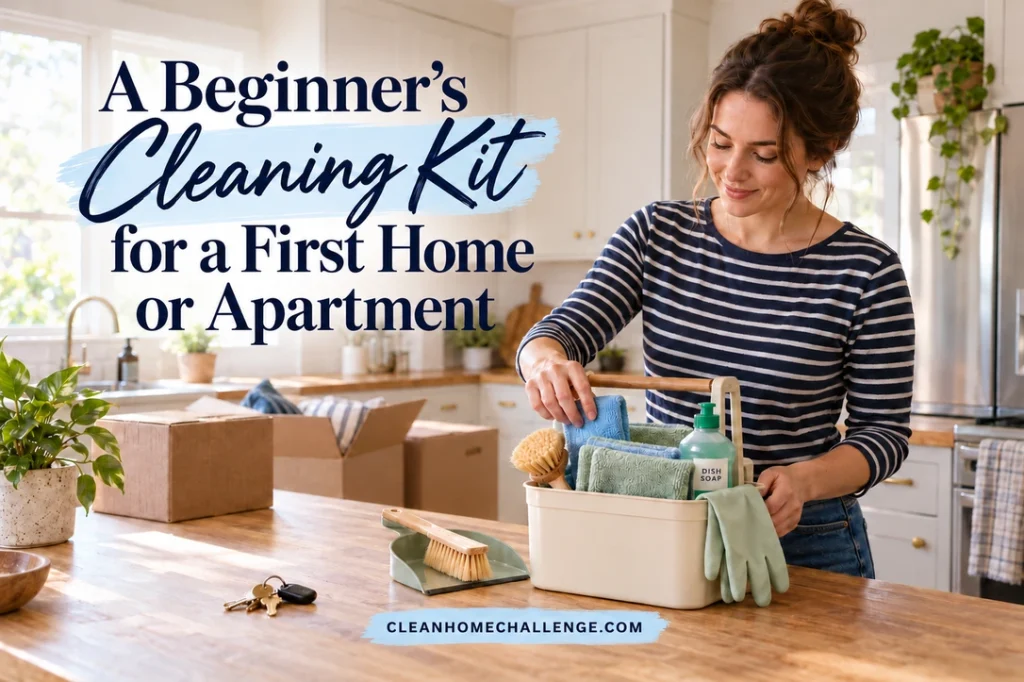 A striped-shirt woman packs cloths and labeled dish soap into a caddy beside moving boxes and house keys.