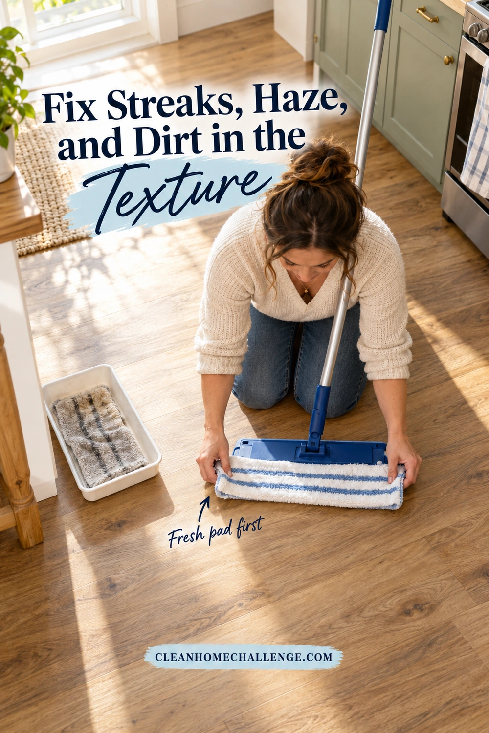 Overhead view of a kneeling woman fitting a fresh white-and-blue pad to a flat mop on vinyl planks, with a used pad in a tray beside her.