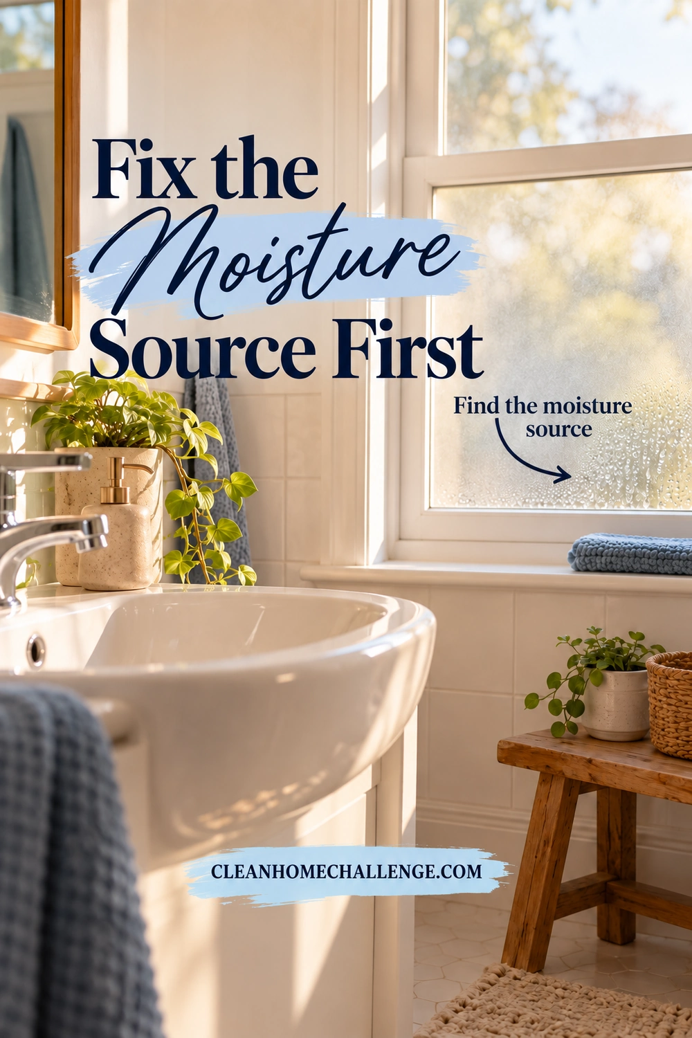 Morning light falls on a bathroom window with visible condensation droplets, beside a cream basin, plant and folded blue cloth; an arrow highlights the moisture on the glass.