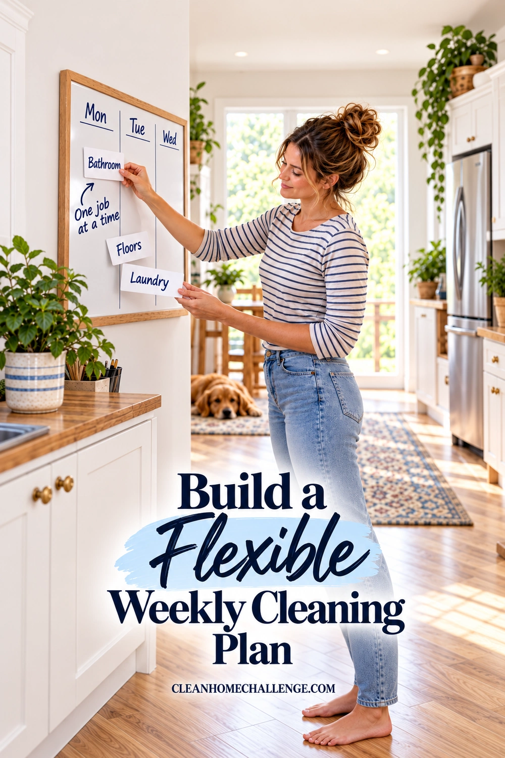 A woman moves a task card on a small household board showing bathroom, floor and laundry jobs.