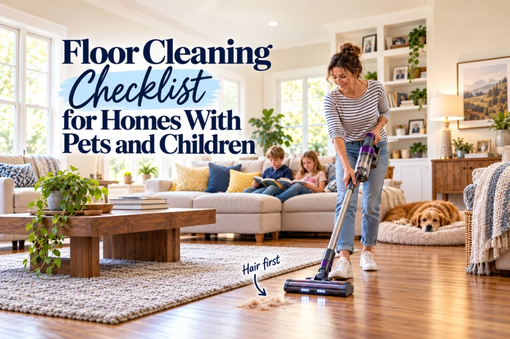 A mother vacuums dry wood beside a rug while two children read on the sofa and a dog rests in its bed.