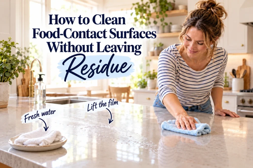 Woman wipes a kitchen counter with a blue cloth beside a cloudy film patch and a fresh white rinse cloth.