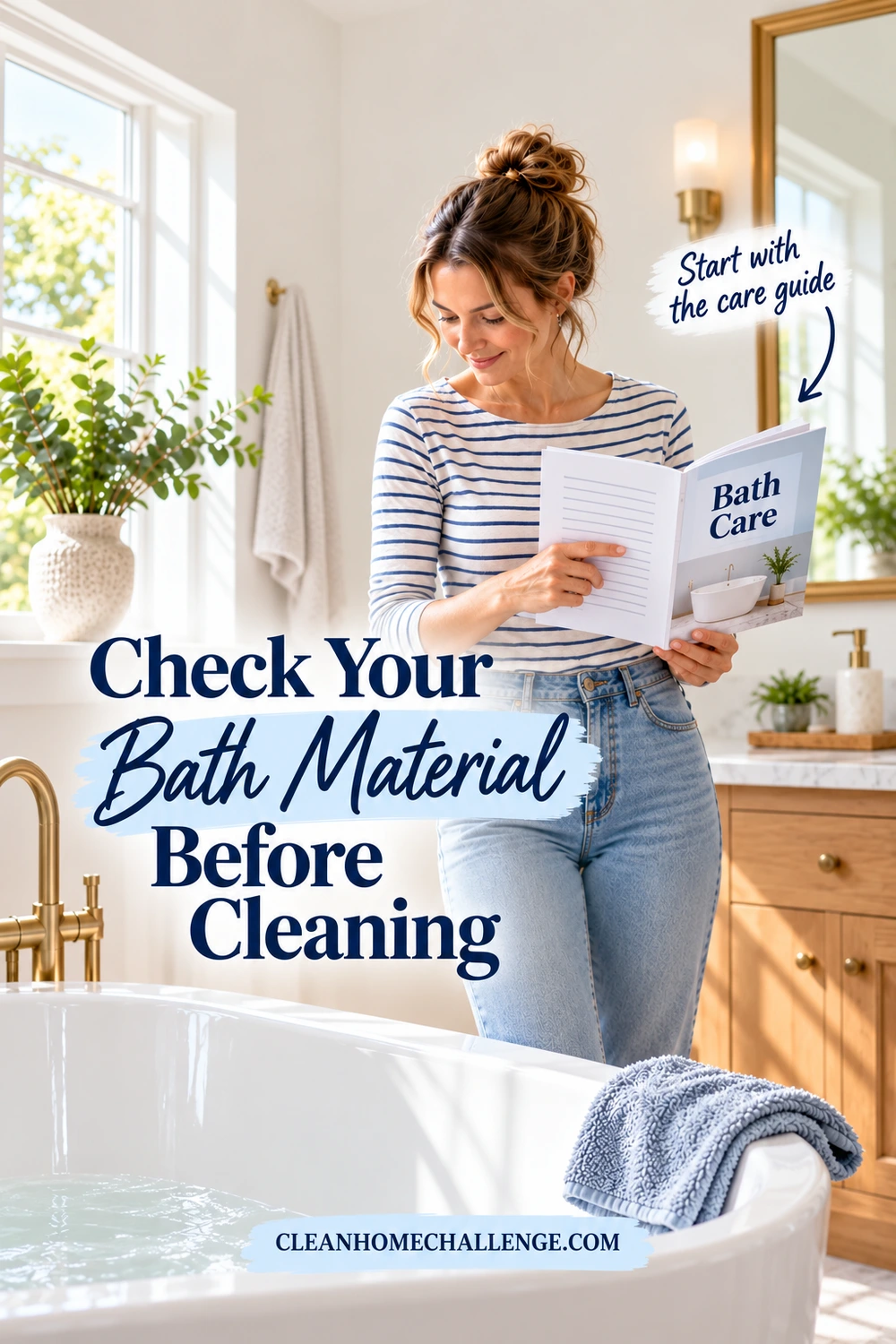 A woman in a striped shirt reads an open Bath Care booklet beside a white freestanding tub, with a folded blue cloth on the rim.