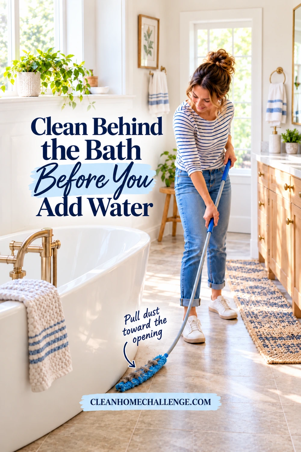 A woman uses a long flexible blue duster to pull a visible clump of hair and dust from the dry floor gap beside a white freestanding tub.