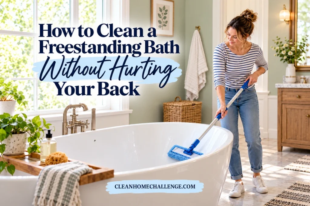 A woman in a striped shirt stands beside a white freestanding bath and uses a long-handled blue soft pad on its inner surface, with the article title in navy lettering and the Clean Home Challenge footer.
