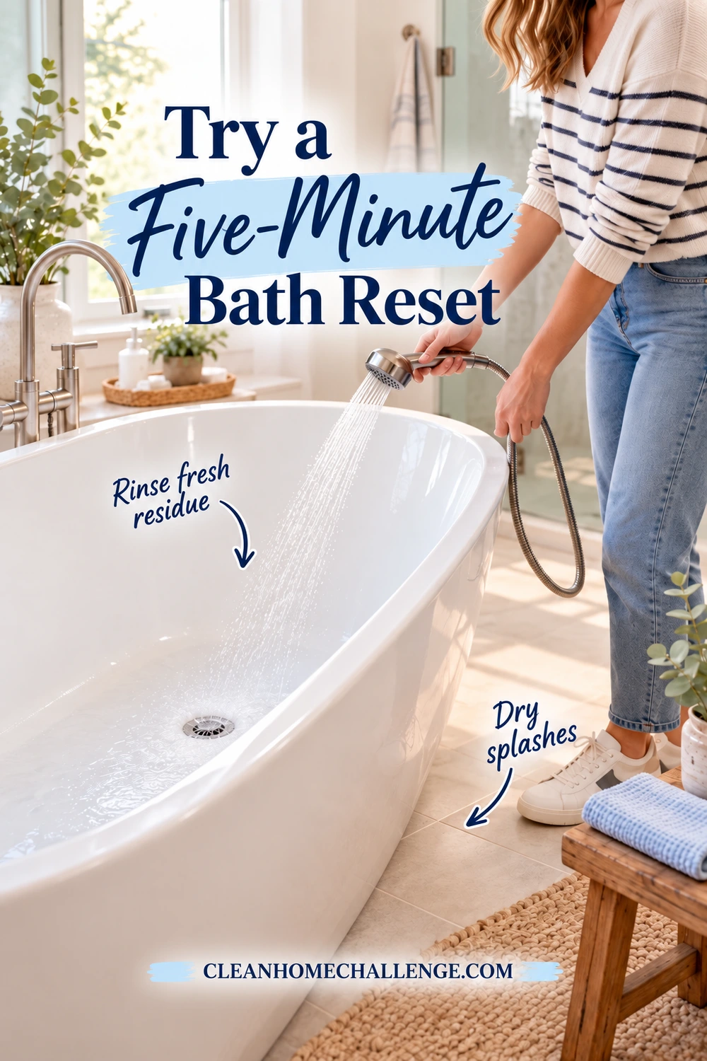 A woman standing outside a white tub directs a handheld shower stream into the bath; a folded blue cloth rests on the wooden stool beside her.
