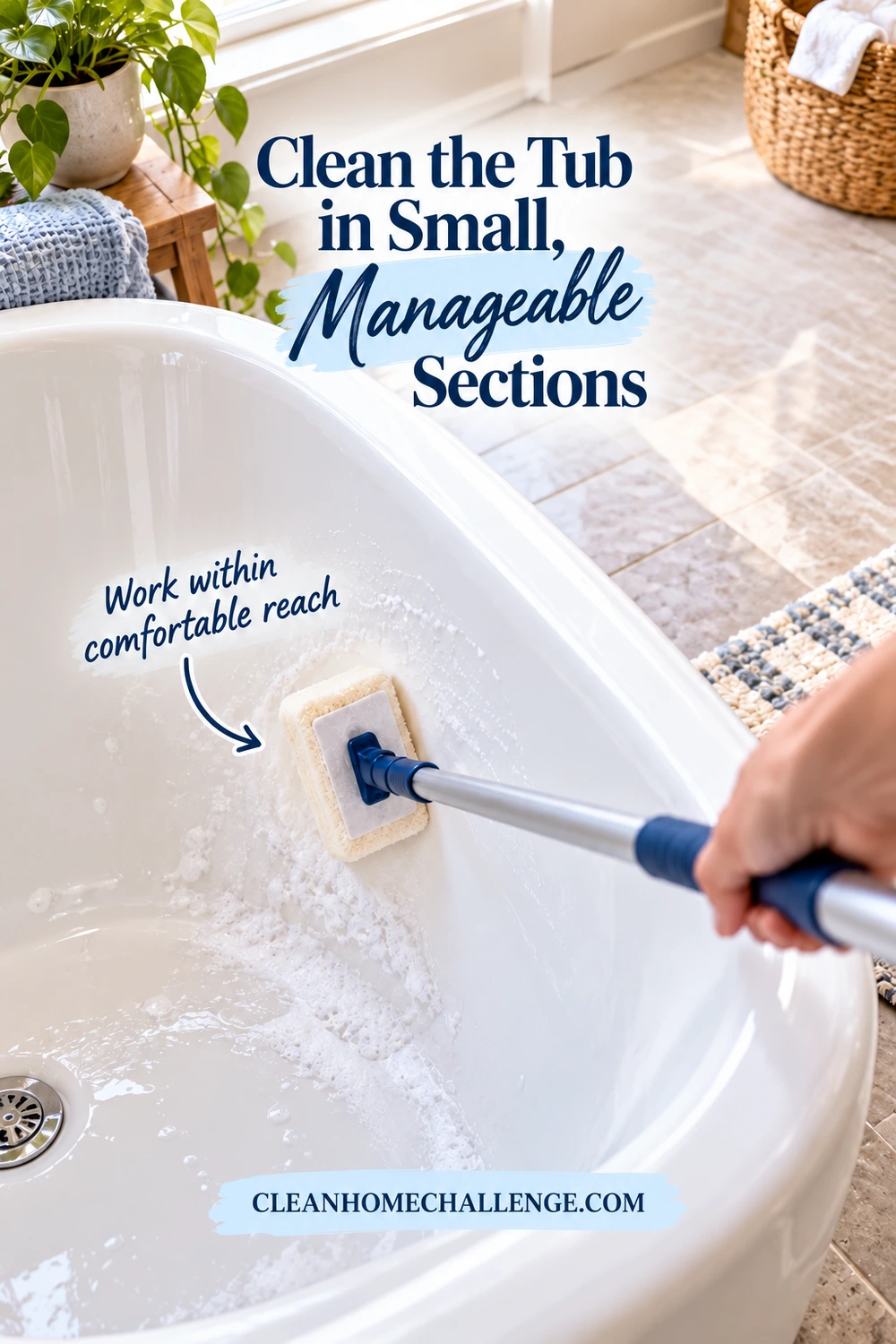 A hand guides a long-handled cream sponge over a small sudsy area on the near inner wall of a white freestanding tub.