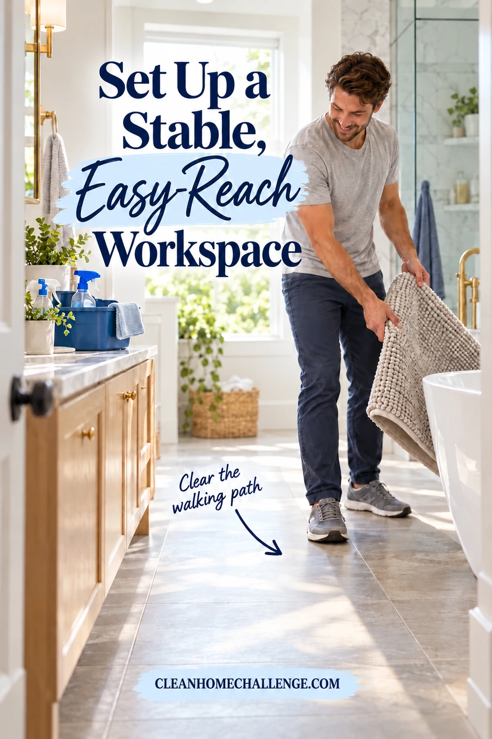 A man lifts a loose gray bath mat beside a freestanding tub, clearing a tiled walkway while a blue cleaning caddy remains on the vanity.