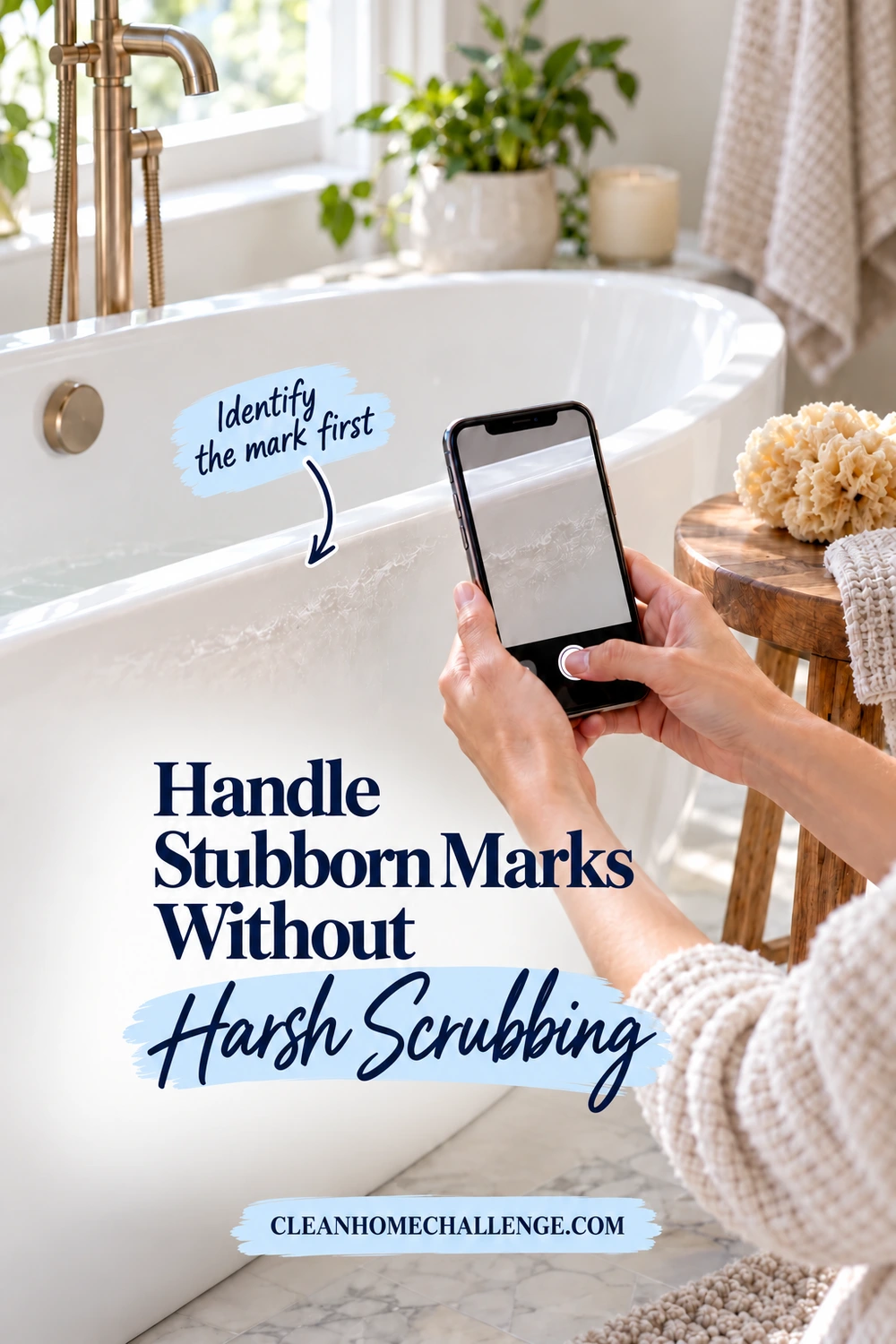 Two hands hold a phone showing a close view of a chalky mark on the outside of a white bathtub, with a cream sponge and towel on a nearby wooden stool.