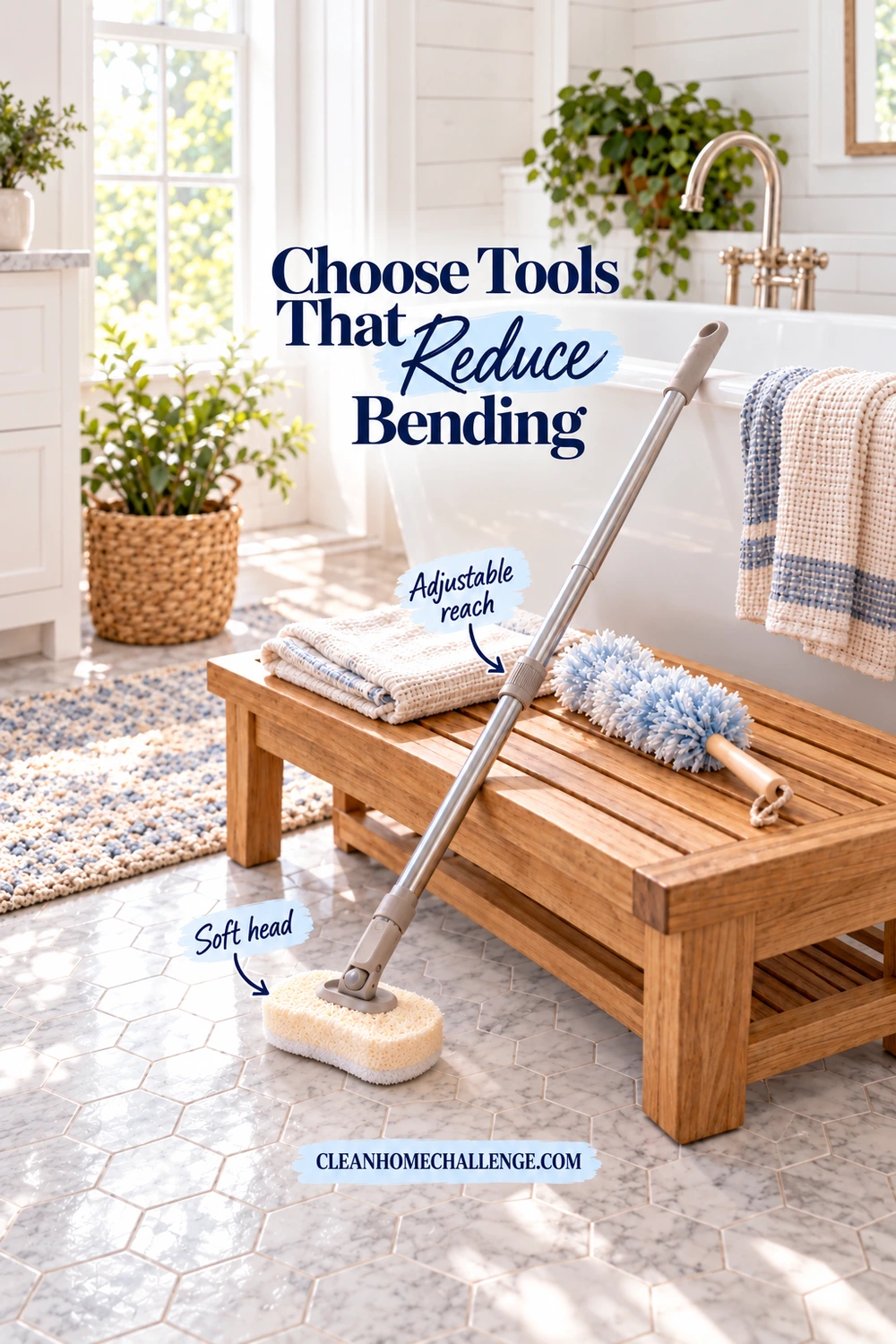 A long silver handle with a cream sponge head rests diagonally across a wooden bench beside a white tub; folded cloths and a pale-blue duster sit on the bench.