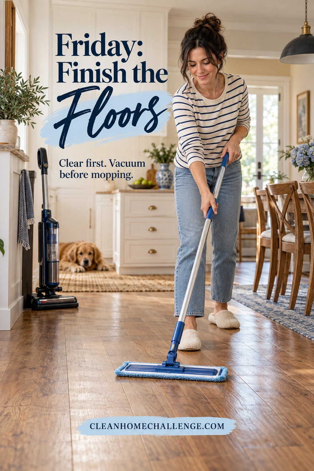 A woman uses a blue flat mop on a wooden kitchen floor, with an upright vacuum parked beside the cabinetry and dining chairs clear of her path.