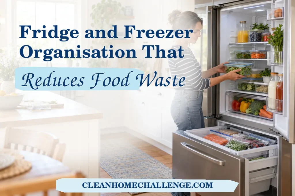 Woman organizing clear food containers in a bright refrigerator and freezer drawer