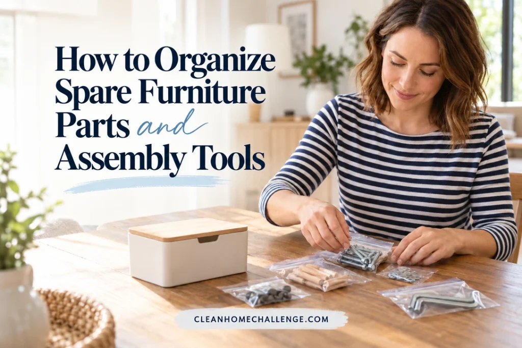Woman arranging packets of spare furniture bolts and assembly keys on an oak table beside a small storage box.