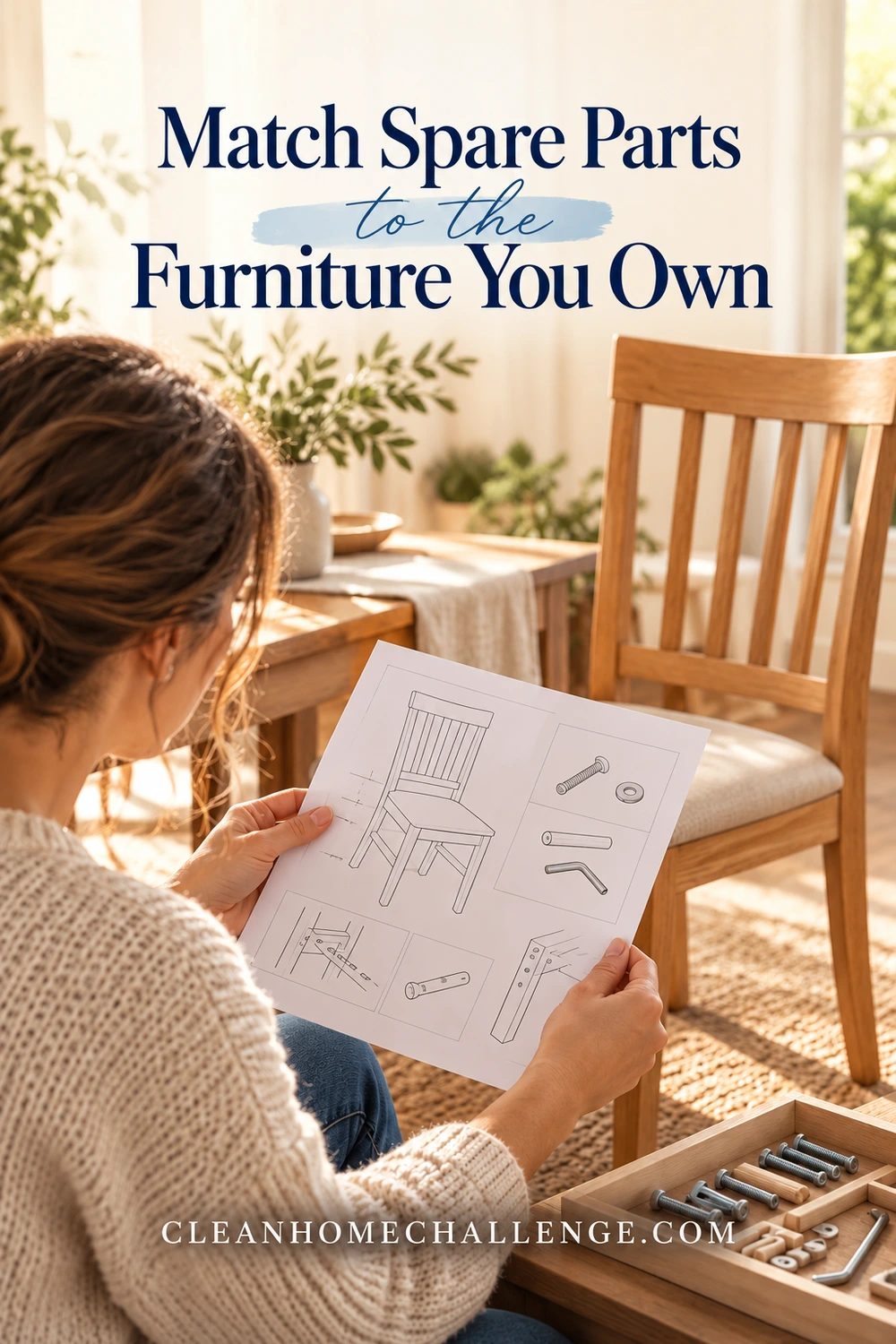 Woman comparing a chair assembly drawing with loose hardware arranged in a divided tray.