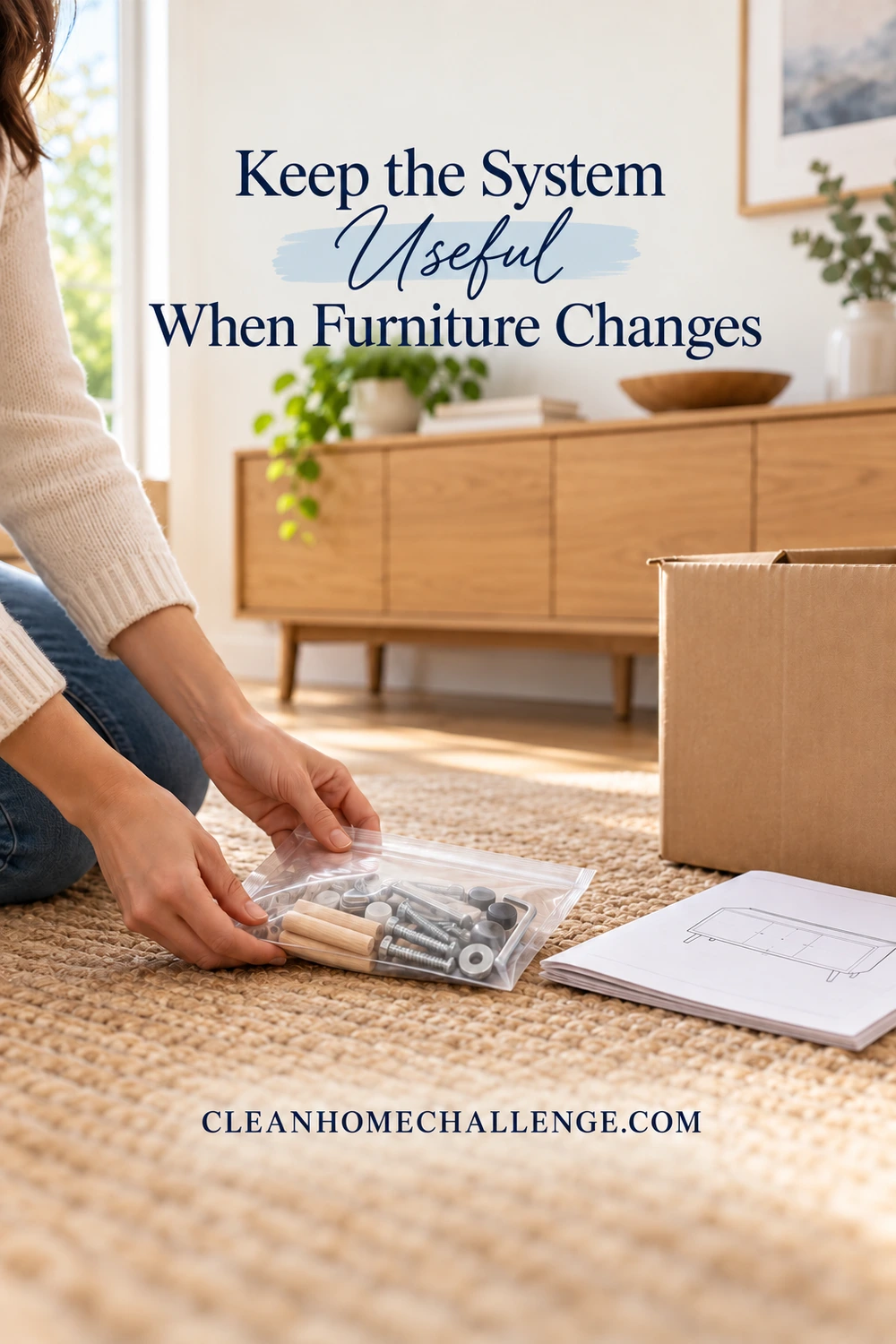 Woman setting a closed hardware pouch beside a furniture manual and moving box in a living room.