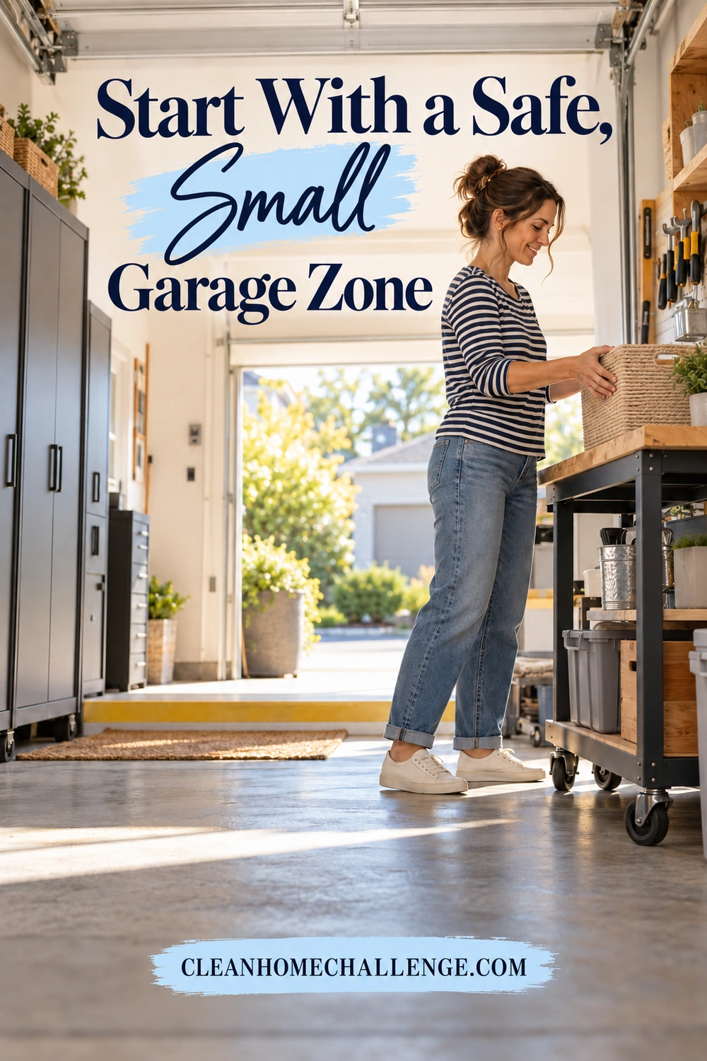 A woman places a woven basket on a waist-height garage workbench beside a clear concrete work area.