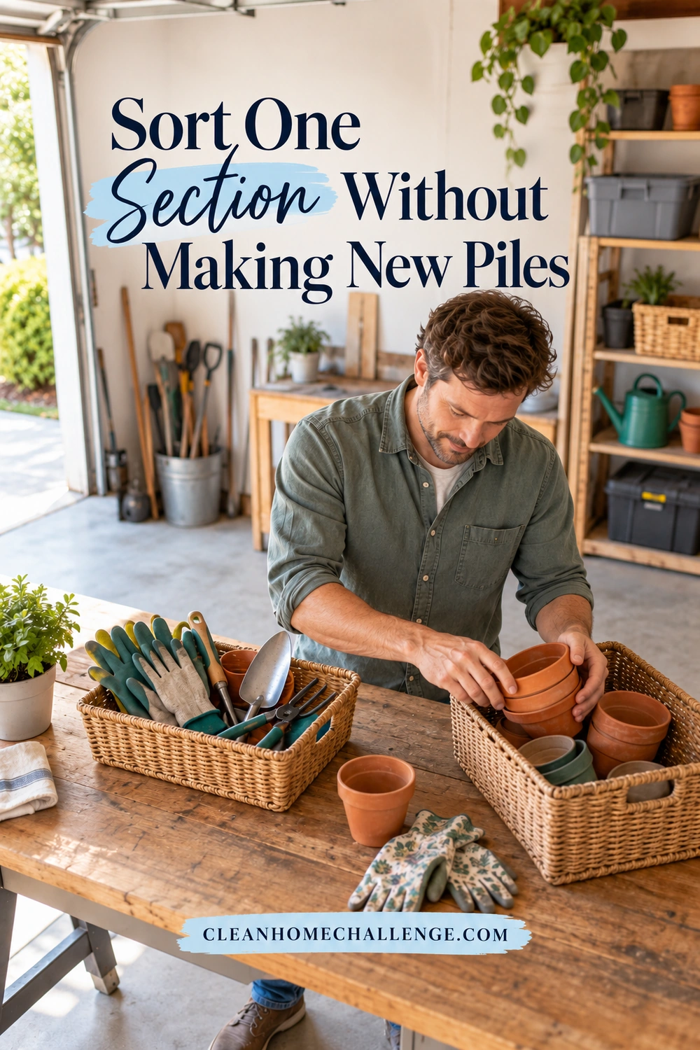A man sorts terracotta pots into a basket on a garage worktable beside a second basket of gardening gloves and hand tools.