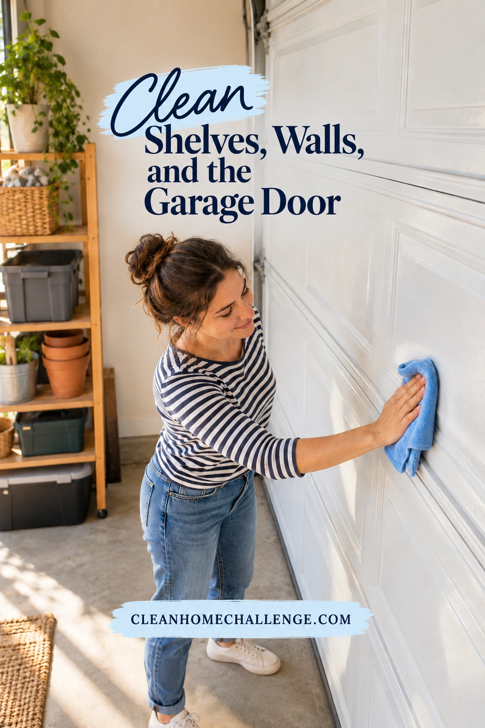 A woman wipes an accessible panel of a closed garage door with a blue cloth while standing on the floor.
